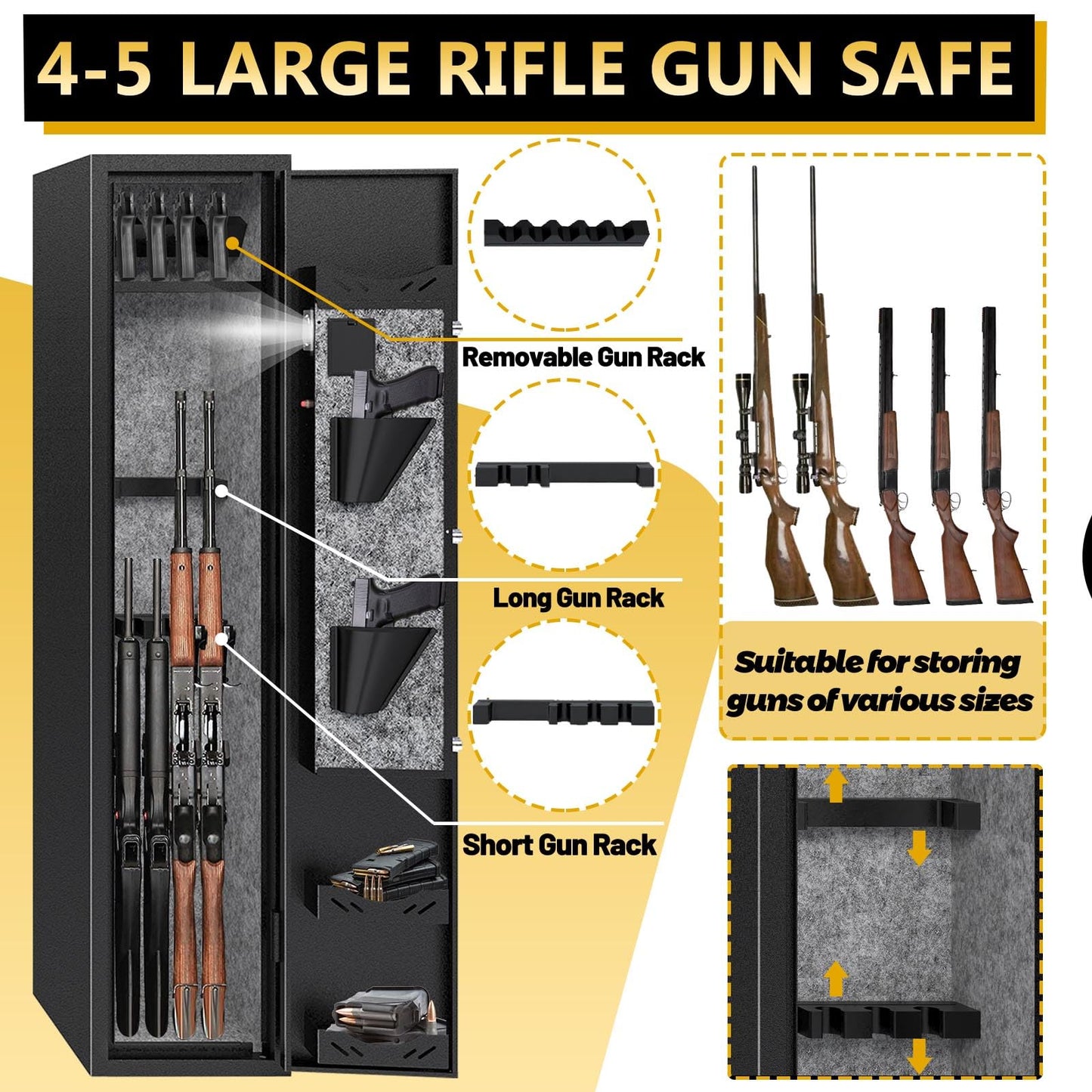 Kaer Gun Safe,Rifle Safe,4-5 Biometric Long Gun Safes for Rifles and Pistols,Gun Cabinet for Rifles and Shotguns with Fingerprint/Digital Keypad/Removable Shelf for Home,Garage,Office