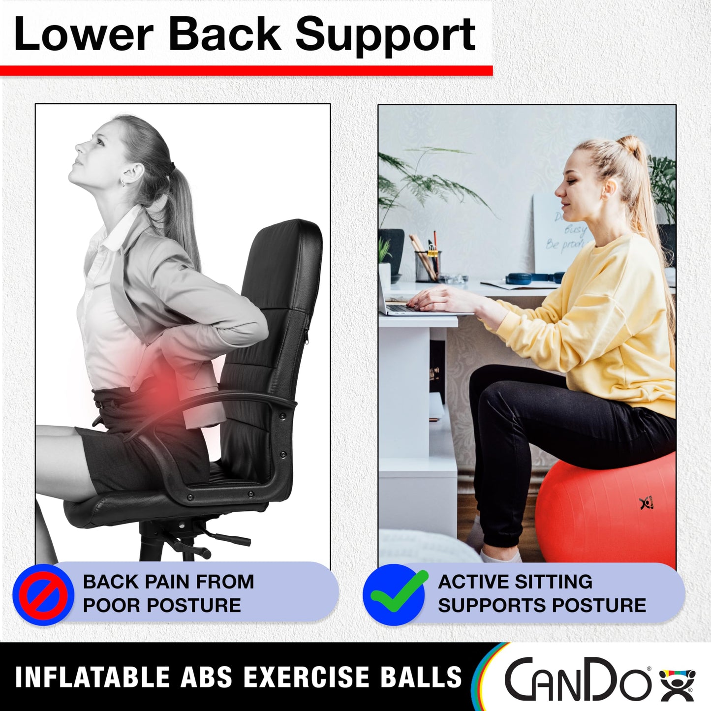 CanDo Inflatable Exercise Ball -Blue 33.5", Durable Extra Thick Non-Slip Stability Ball for Core Workouts, Yoga, Pilates, Active Seating, Physical Therapy, Pregnancy, Home Gym, Flexibility