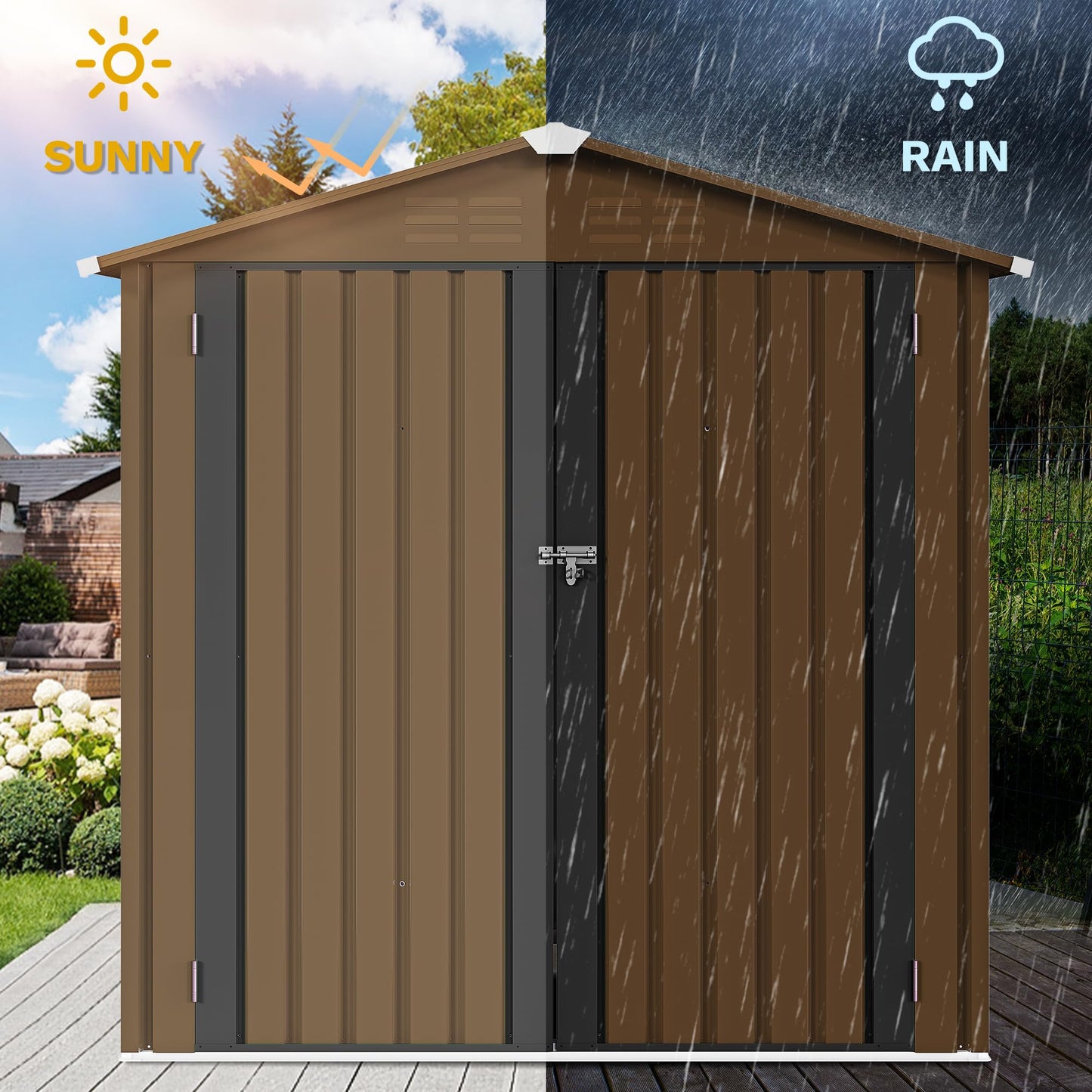 DWVO 6x4ft Metal Outdoor Storage Shed, Waterproof Tool Shed Heavy-Duty Storage Unit with Lockable Door and Vents, Ideal for Bicycles, Tools, Lawnmowers, Backyards, Patios, Lawns - Brown