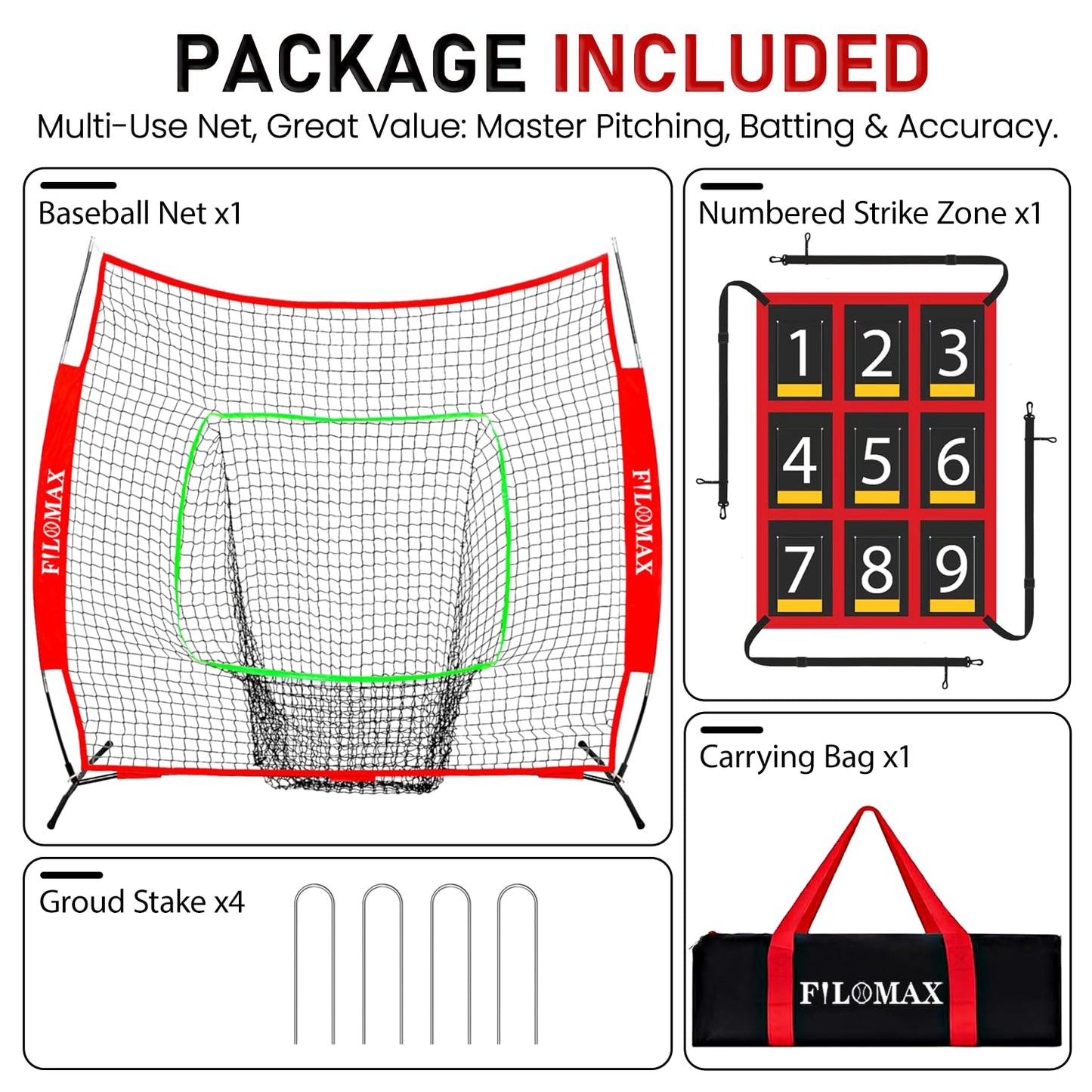 FILOMAX 7x7 ft Baseball & Softball Practice Net with 9 Numbered Strike Zone | PRO Training Net for Hitting, Pitching & Batting | with Carry Bag, Bow Frame for All Ages & Skills