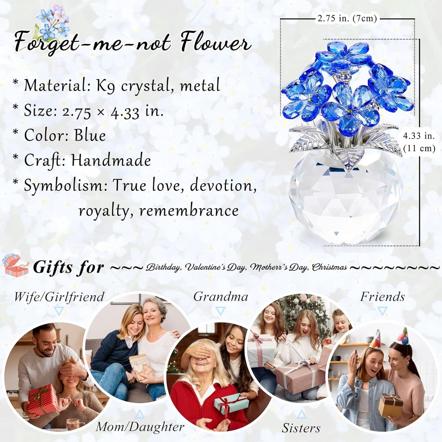 YWHL Blue Crystal Forget-Me-Not Flowers | Handmade Glass Flower Bouquet Figurine for Tabletop Decor