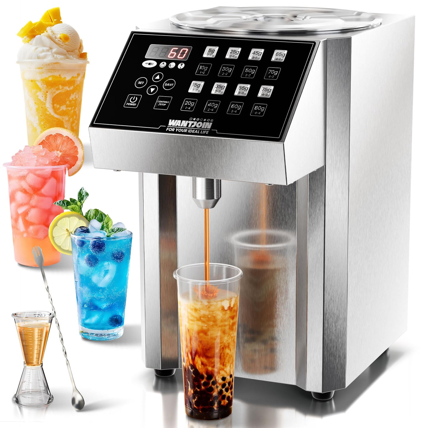 WantJoin Fructose Dispenser - 16 Weight Settings Automatic Syrup Dispenser Machine Commercial 8L/8.5Qt Quantitative Machine for Beverage with Measuring Cup Mixing Stick Bubble Tea Equipment