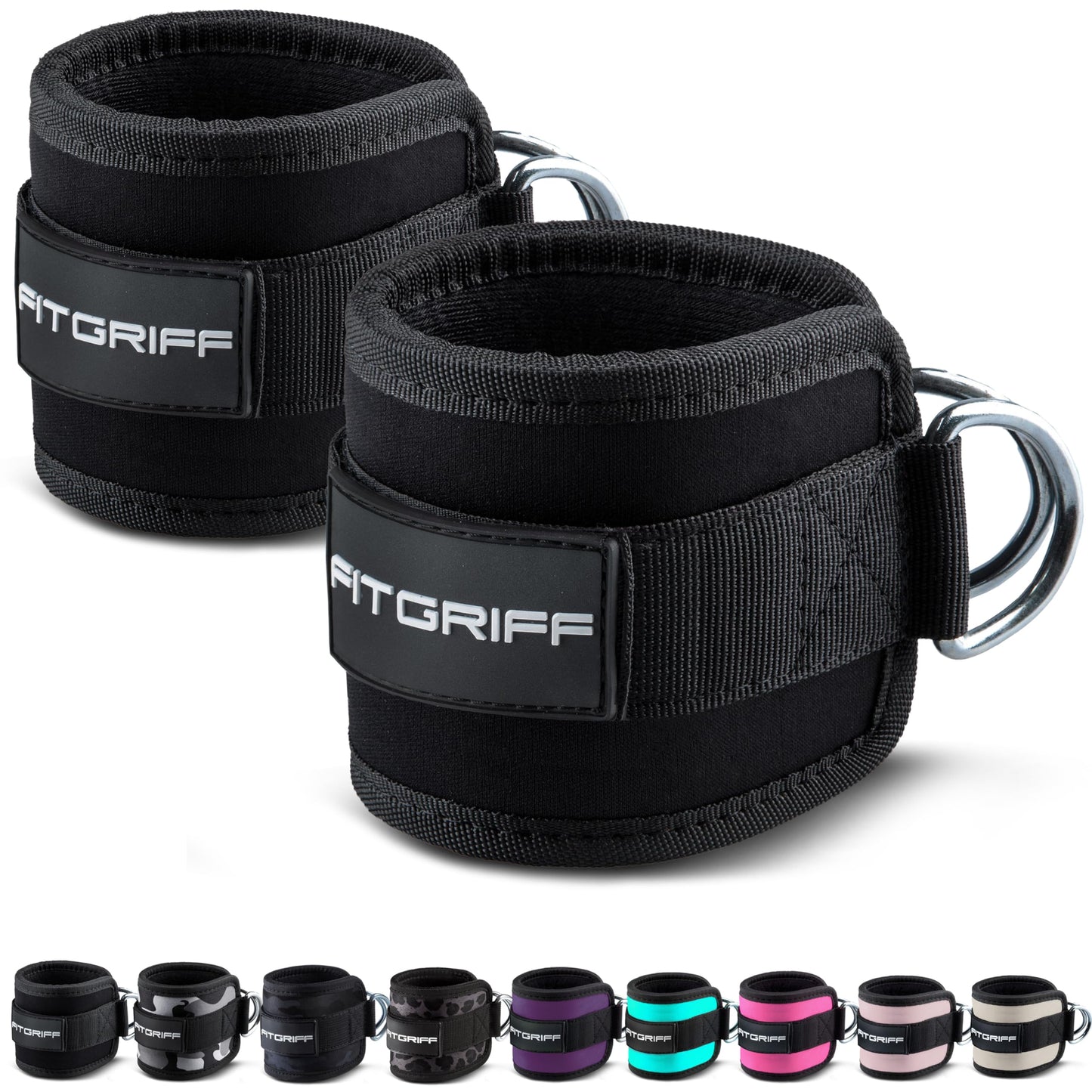 Fitgriff® Ankle Straps V1 for Cable Machine (2 Pieces) - Gym Workout Equipment - Leg Pulley Attachment, Kickback Straps (Black)