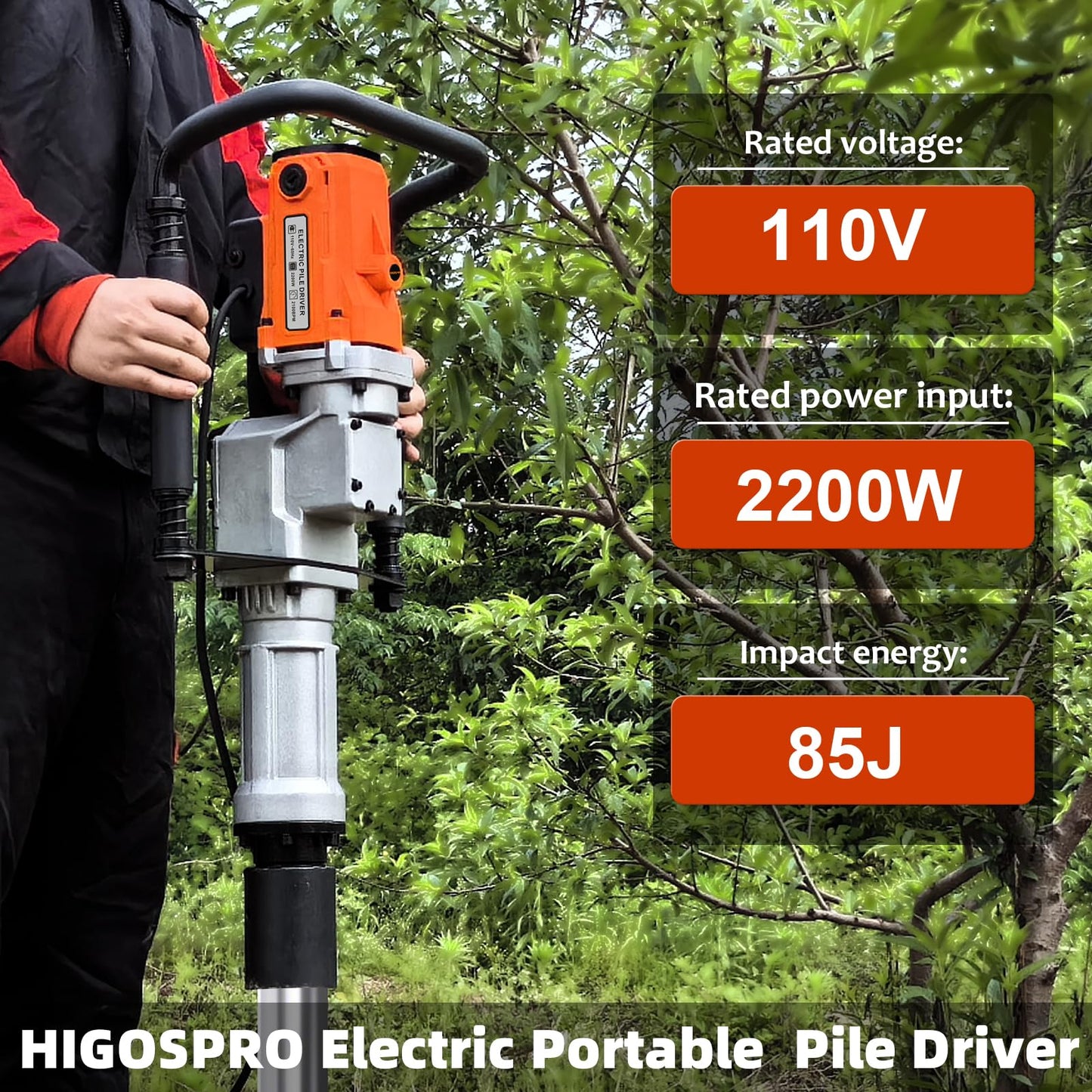 HIGOSPRO 2200W Electric T Post Driver – 110V Handheld Pile Driver Hammer for Fence Post, Farm, Construction Site with 55mm, 70mm pile sleeve, Ideal for Metal Fencing, Landscaping, and DIY Projects