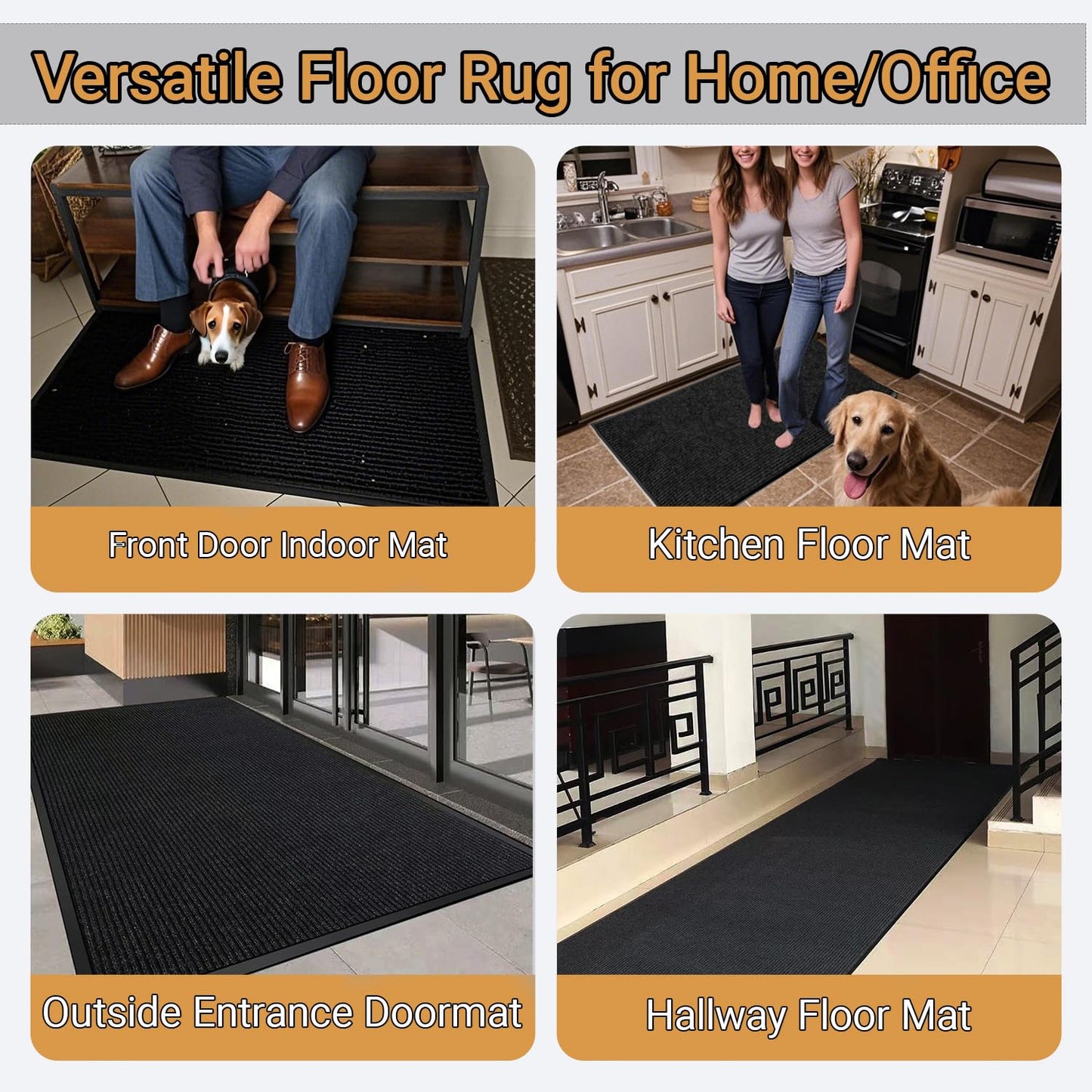 Commercial Runner Rug, 4'x10' Heavy Duty Industrial Door Mat for High Traffic Entrance, Large Non-Slip Waterproof Rubber Welcome Carpet for Hallway Entryway Business Office, Black 120"x48"