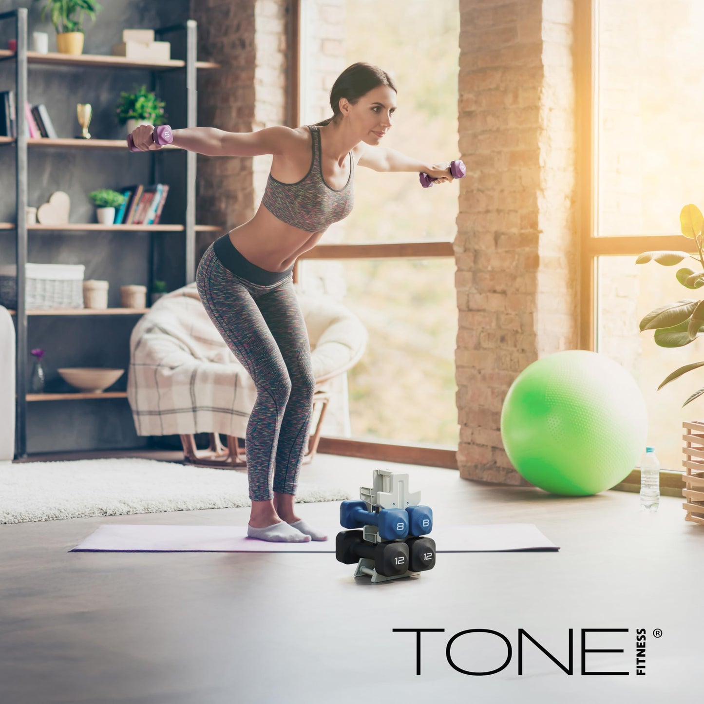 Tone Fitness 50 LB Neoprene Dumbbell Set with Storage Rack – Non-Slip, Anti-Roll Hand Weights for Home Gym Workouts - Mixed Colors | Purple, Blue and Black
