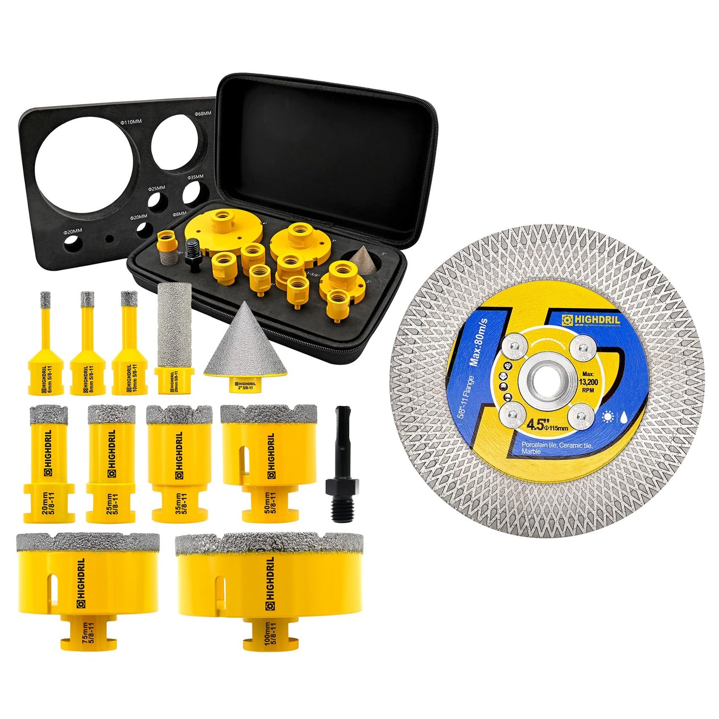 HIGHDRIL Diamond Hole Saw Kit - 6/6/8/20/25/35/50/75/100mm Drill Bits and HIGHDRIL Diamond Tile Saw Blade