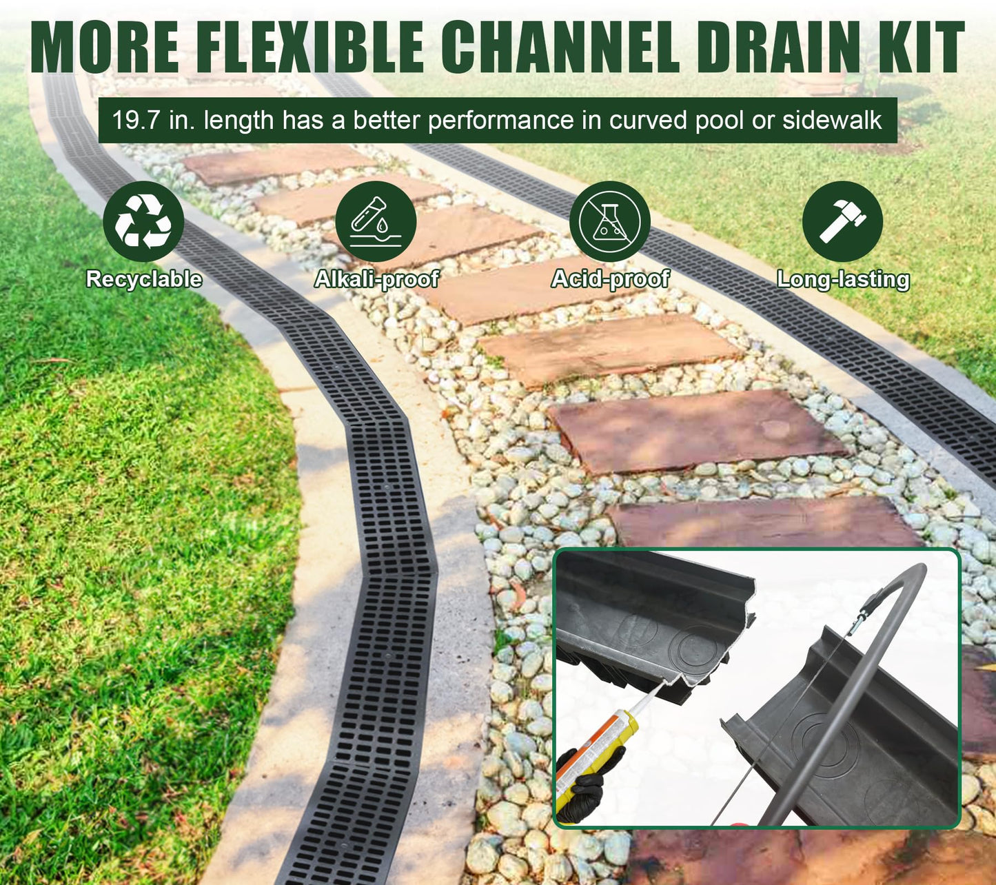 Natotela HDPE Channel Drain with Grates-19.7x5.5x3.7 in. Trench Drain System, 12 Pack Total Length 236.3 in, Yard Drainage System with 2 Outlet Adapters for Outdoor,Yard Fence,Sidewalk,Patio