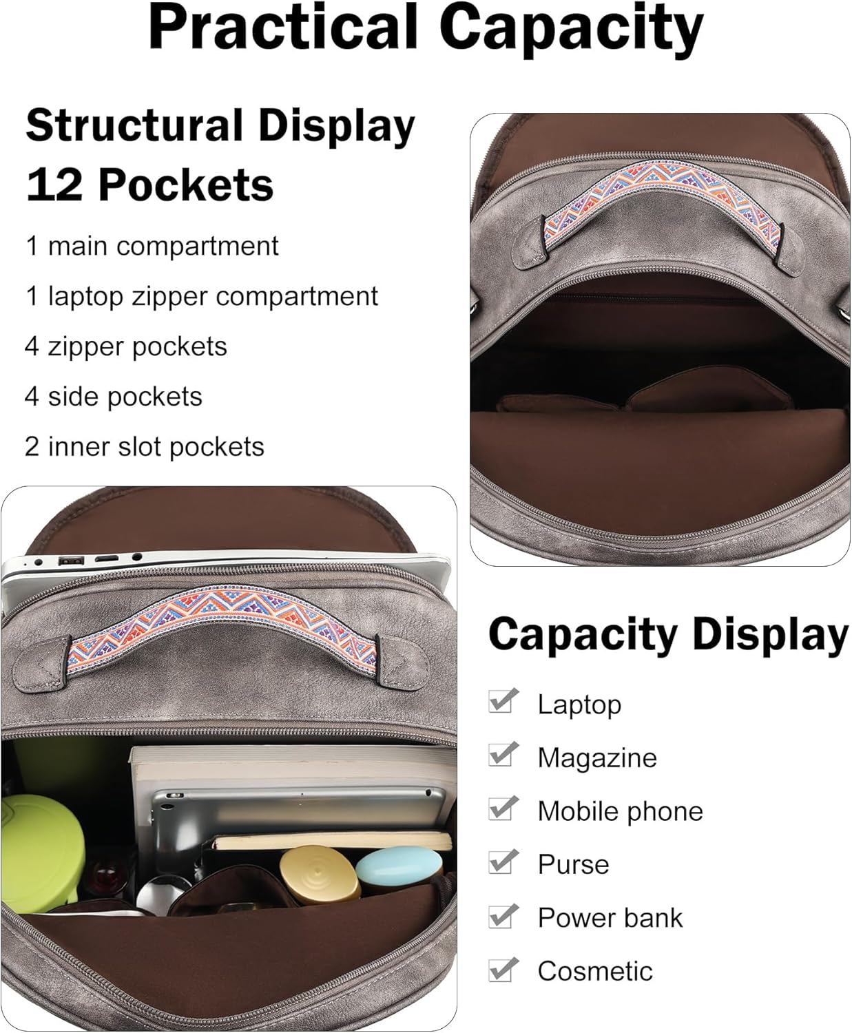 Backpack Backpack FADEON Leather Laptop Purse for Women, Designer Travel PU with Laptop Compartment for Work Grey