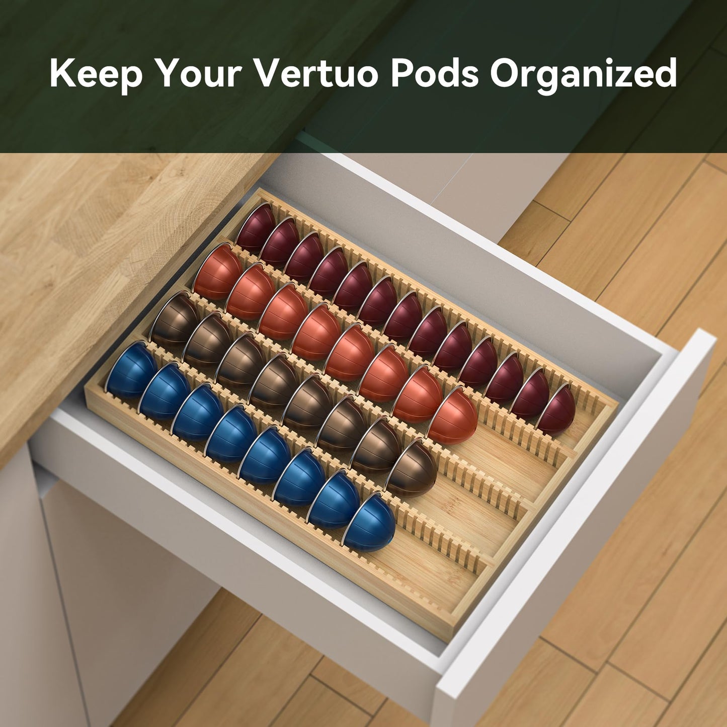 WELL WENG for Nespresso Vertuo Capsules - Premium Bamboo Coffee Pod Drawer Insert Organizer for Counter 15"Dx10"Wx1.5"H (40 Big or 52 Small pods)