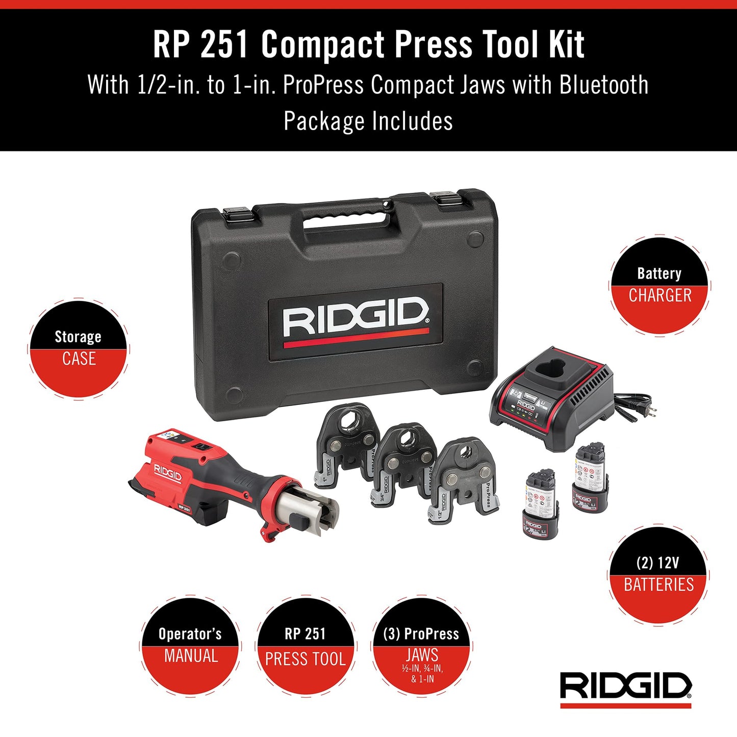 RIDGID 78158 RP 251 Compact Press Tool Battery Kit with ProPress Jaws (1/2" to 1"), In-Line Pressing Tool for Copper, Stainless Steel, PEX, and Carbon Steel