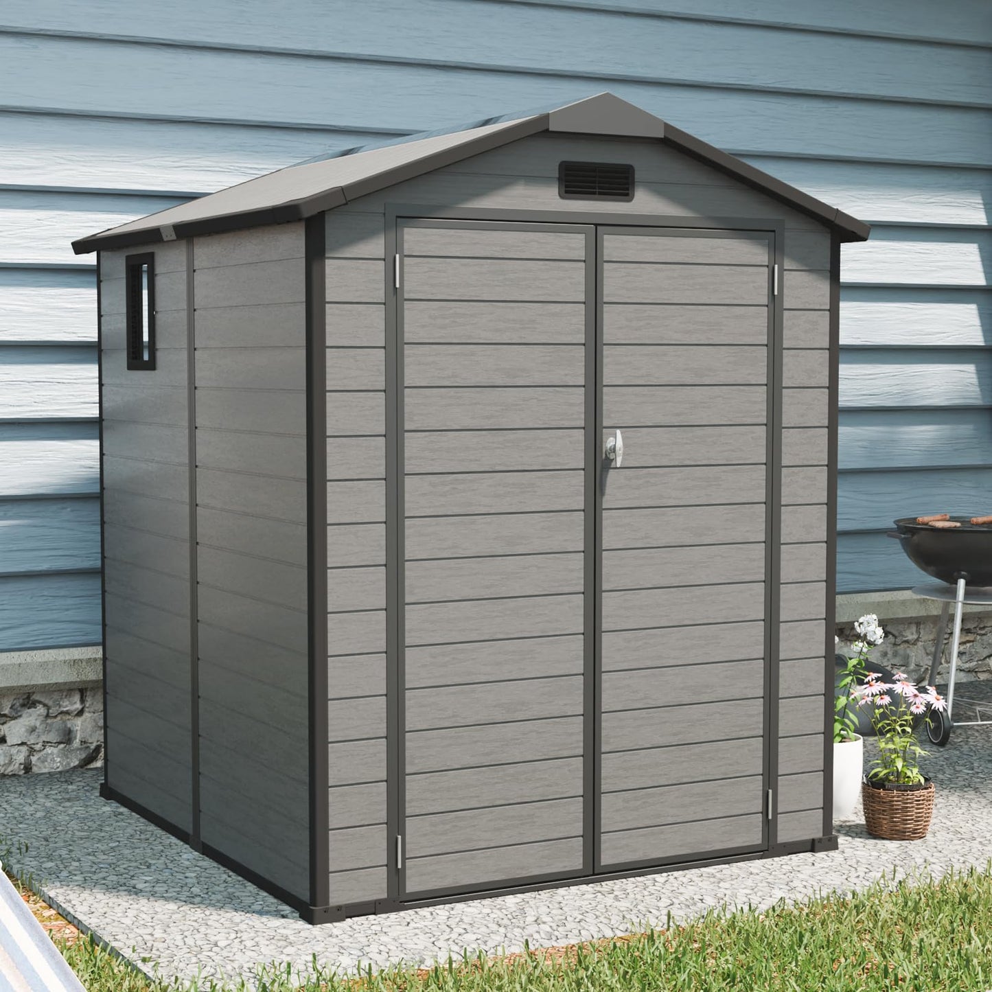 Praxatek 6x6 FT Outdoor Storage Shed, Lockable Resin Tool Shed with Window & Floor, Dark Gray Polypropylene