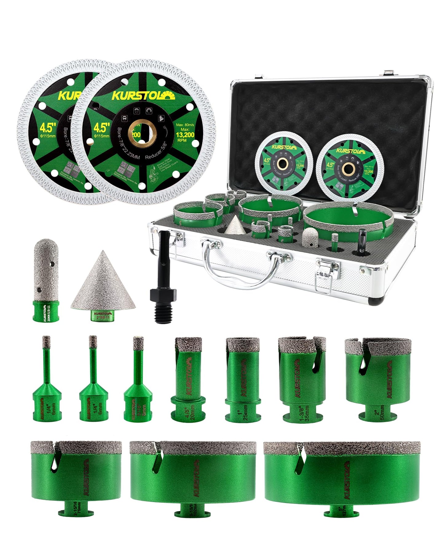 Tile Hole Saw Kit 15pcs - KURSTOL Diamond Core Drill Bits 6/6/8/20/25/35/50/75/102/127MM+4/5'' Finger Bit+2'' Chamfer Bit+2pcs 4-1/2'' Saw Blade+SDS for Tile Porcelain Ceramic Granite Marble
