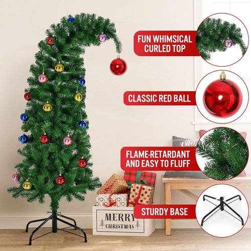 Hatisan 5FT Artificial Christmas Tree - Bent Green Design with Ball Ornaments & Metal Base for Holiday Decor
