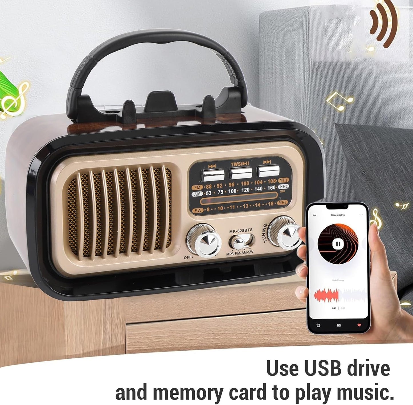 VBESTLIFE MP3 Retro Bluetooth Speaker, Vintage FM AM SW Radio with Old Fashioned Classic Style, Support Solar Charging