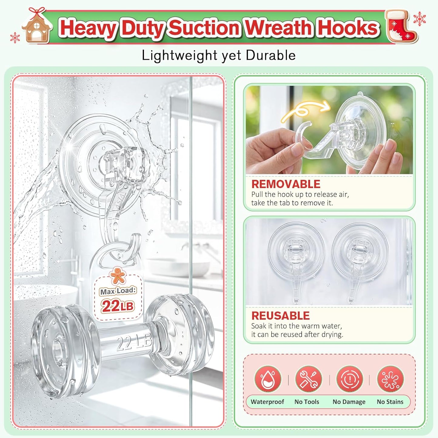 VIS'V Wreath Hanger - Heavy Duty Suction Cup Hooks | 22 LB Capacity, Clear, 2 Pack, Removable & Reusable