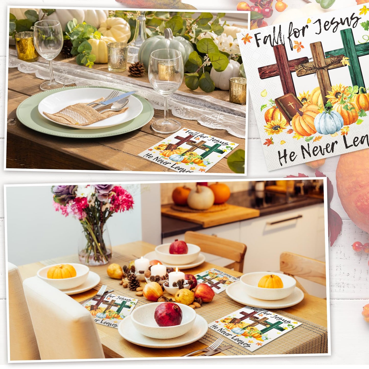 Janlaugh 60 Pcs Fall Paper Napkins Fall for Jesus He Never Leaves Napkin Disposable Autumn Pumpkin Cross Guest Napkins Religious Vintage Dinner Napkin for Autumn Thanksgiving Party Supplies