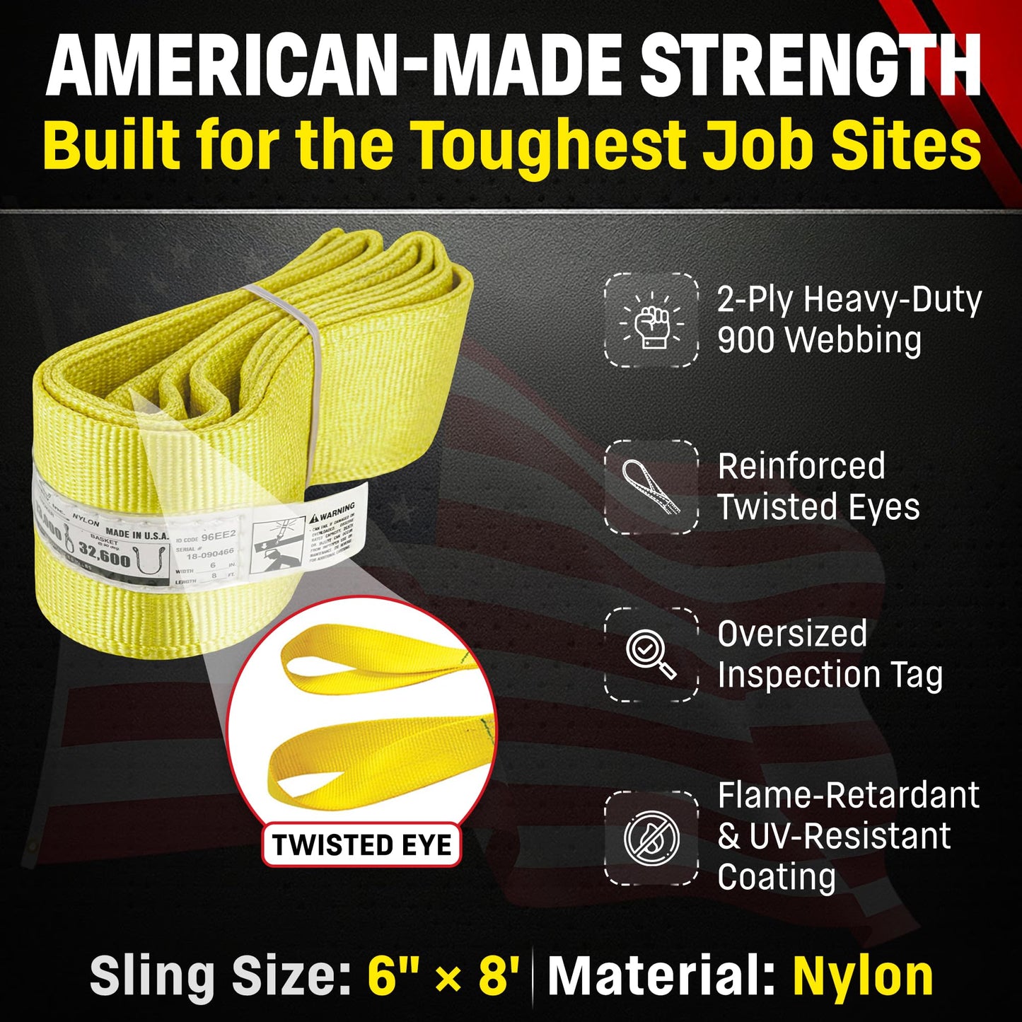 DD Sling 6 Inch x 8 Foot Nylon Lifting Sling – USA Made, 16,300 lb Vertical, 13,000 lb Choker, 32,600 lb Basket – 2-Ply Heavy Duty 900 Webbing, Type 4 Twisted Eye & Eye Rigging Sling