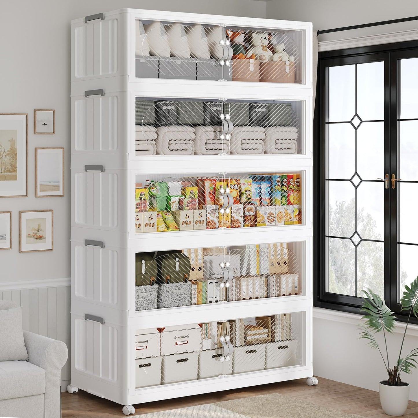 HOCRYPTA 150Gal/600QT 5-Tiers Extra Large Stackable Storage Bins with Lid, Collapsible Cabinet Closet Organizer Plastic Container Box with Wheels Doors Drawers for Living Room Kitchen Office, White