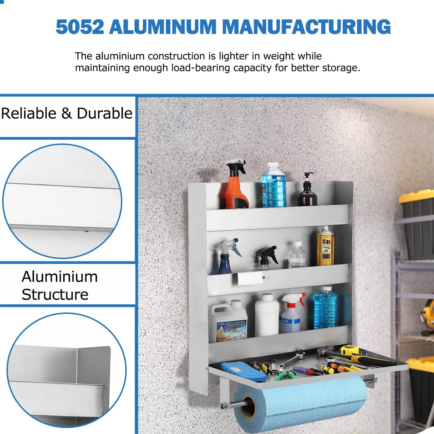 Towallmark 5052 Aluminum Storage Cabinet, 3-Tier Wall-Mounted Tool Cabinet with Flip-Out Work Table & Paper Towel Rack Organizer, Space-Saving Design,Ideal for Garage, Shop, and Trailer Use, Silver