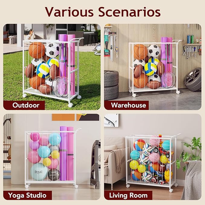 Ball Storage Bin Rolling Sports Ball Cart, Metal Garage Organizer Sport Rack, Ball Basket Storage, Ball Cage for Garage or Gym, Indoor & Outdoor Sports Equipment Organizer white