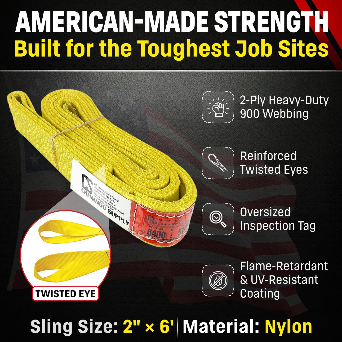 DD Sling (USA Made). 2" wide X (4' to 20' lengths) in Listing! 2 Ply Twisted Eye, Nylon Lifting Slings, Eye & Eye, Heavy Duty (900 webbing), 6,400 lbs Vertical, 5,100 Choker, 12,800 Basket Load Capacity (2inX6ft)