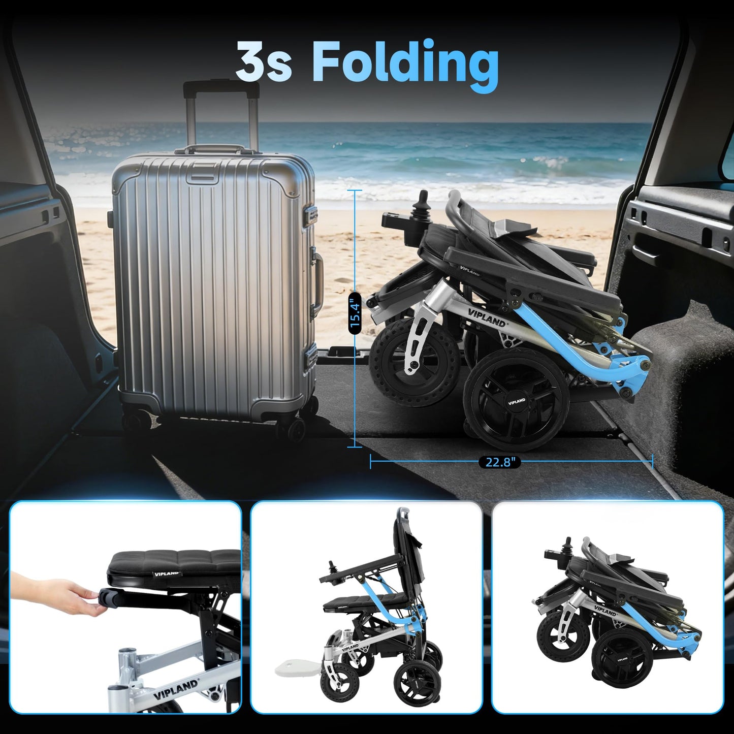 VIPLAND Lightweight Magnesium Alloy Electric Wheelchair for Adults, 29lb Compact Foldable Power Wheelchair Oven-Sized, 25Miles Long Travel Range, 300lbs Capacity, Airline Approved, All Terrain, Blue