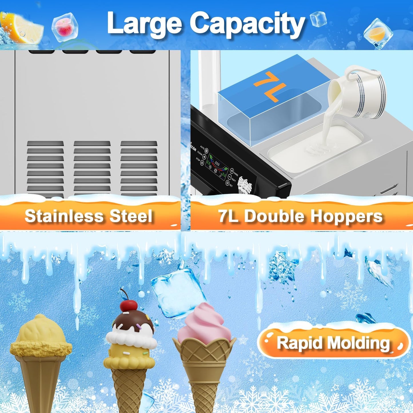 Commercial Soft Serve Ice Cream Machine 2200W, 5.8-8 Gal/Hr Yield, 2+1 Flavor with 2x7L Hopper & 3 Dispensers, Auto Clean & LCD Display for Restaurant Bars