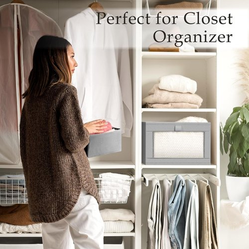 Criusia Linen Closet Organizers - 4 Pack Foldable Storage Baskets for Towels, Clothing & More | Grey
