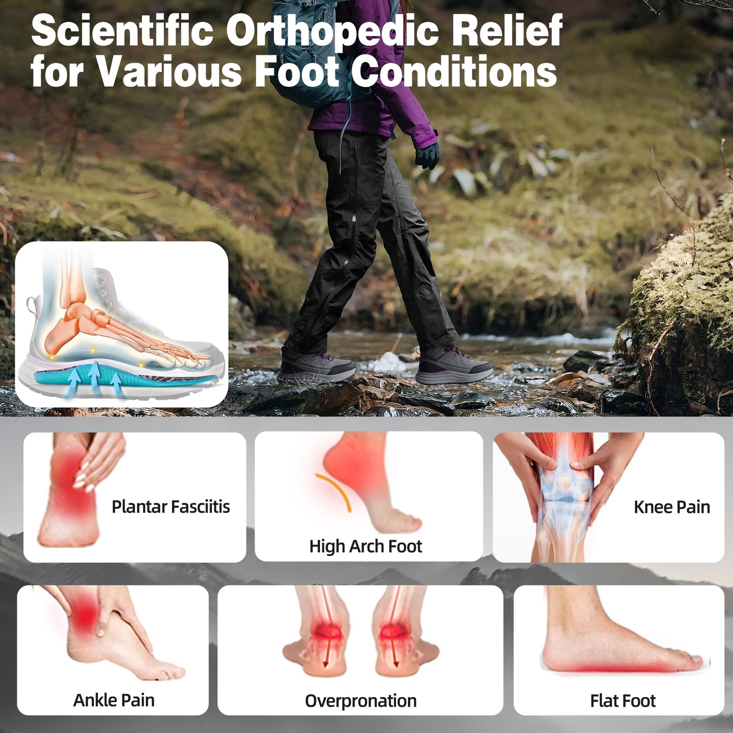 Women's Orthopedic Non Slip Mid Trekking Hiking Boot: Plantar Fasciitis Orthotic Arch Support Bunions Recovery Fashion Sneakers, Comfortable Stylish Office Working Standing Walking Shoes Grey Size 8.5