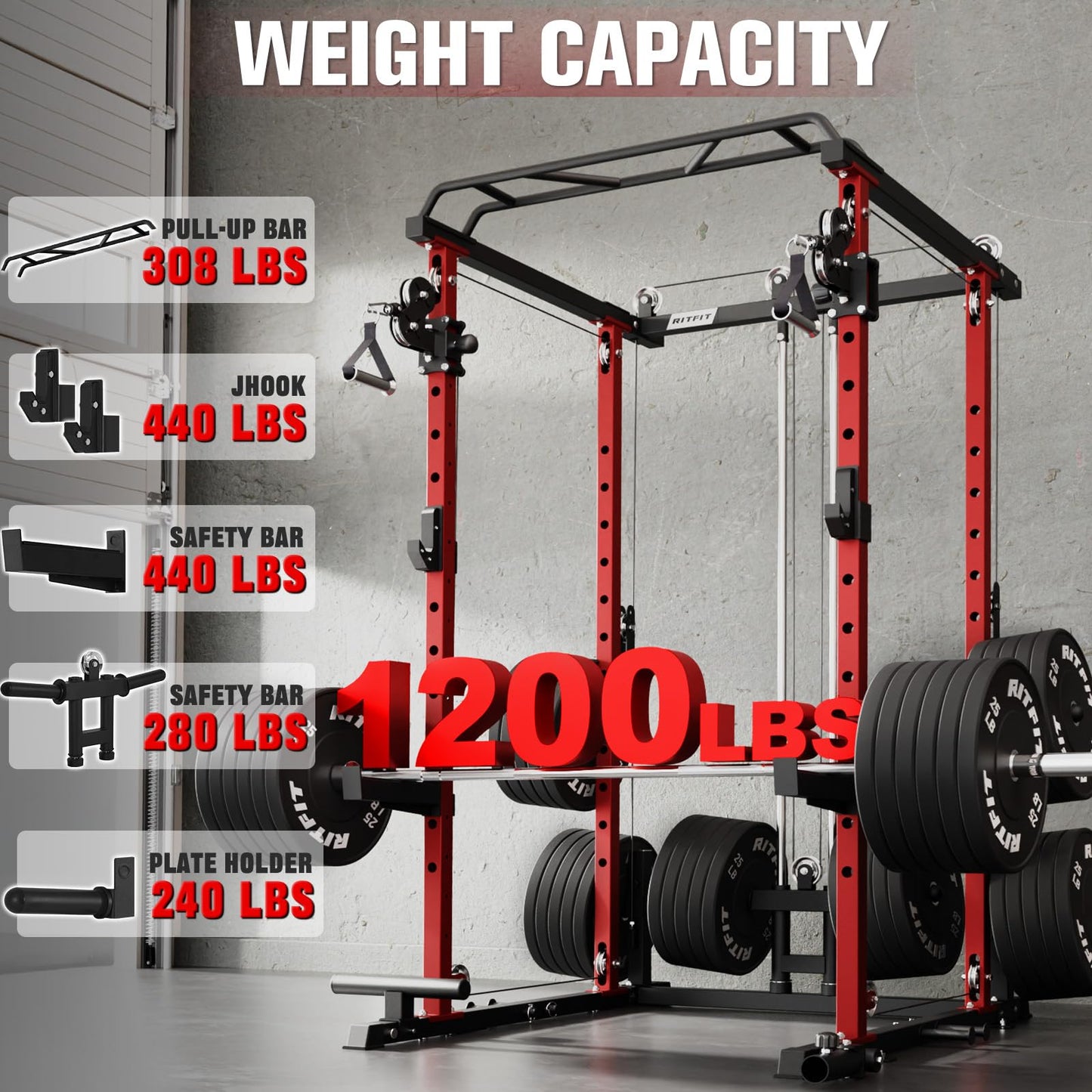RitFit Squat Rack Power Cage Home Gym Package, Includes 1200LBS Power Rack with Cable Crossover System, Weight Bench, Weight Plate Set with Olympic Barbell (Package 2.0K (Bumper Plate 340LBS))-Orange