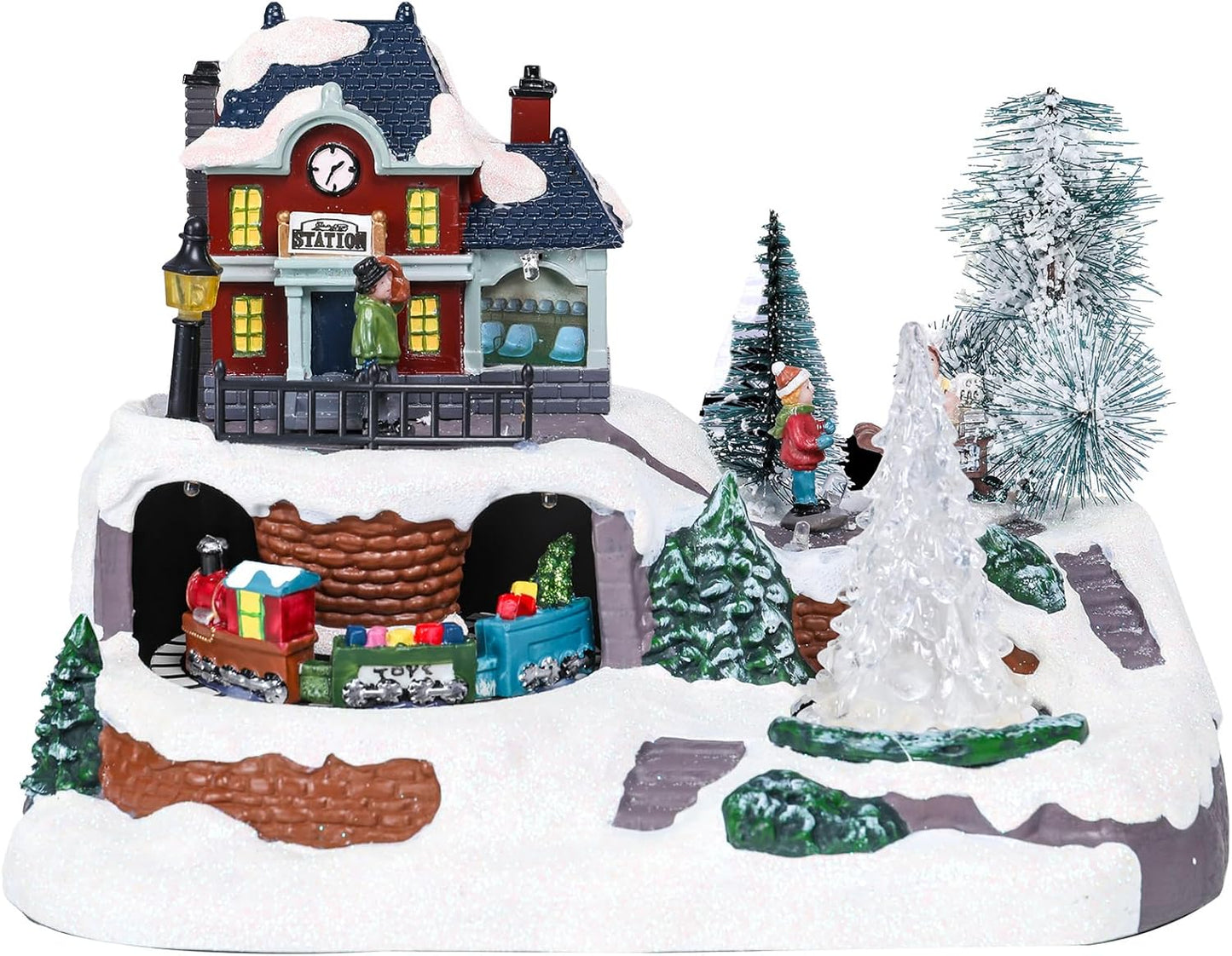 Wonder Garden Christmas Village Houses - Lighted Musical Railway Station with Moving Train & Animated Figurines for Indoor Decor