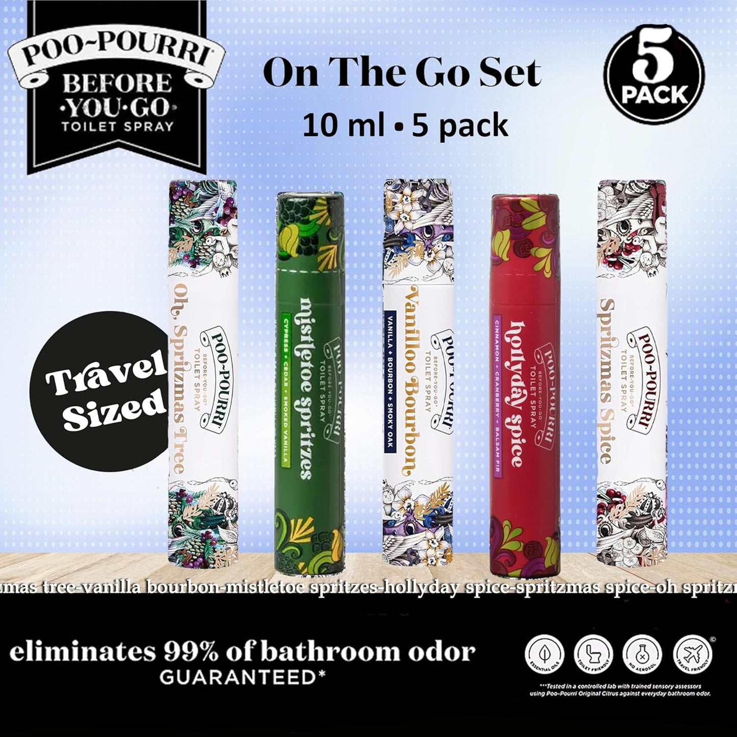 Poo-Pourri Travel Size Gift Set - Holiday Scents: Spritzmas Spice, Vanilla Bourbon & More | 5 Pack