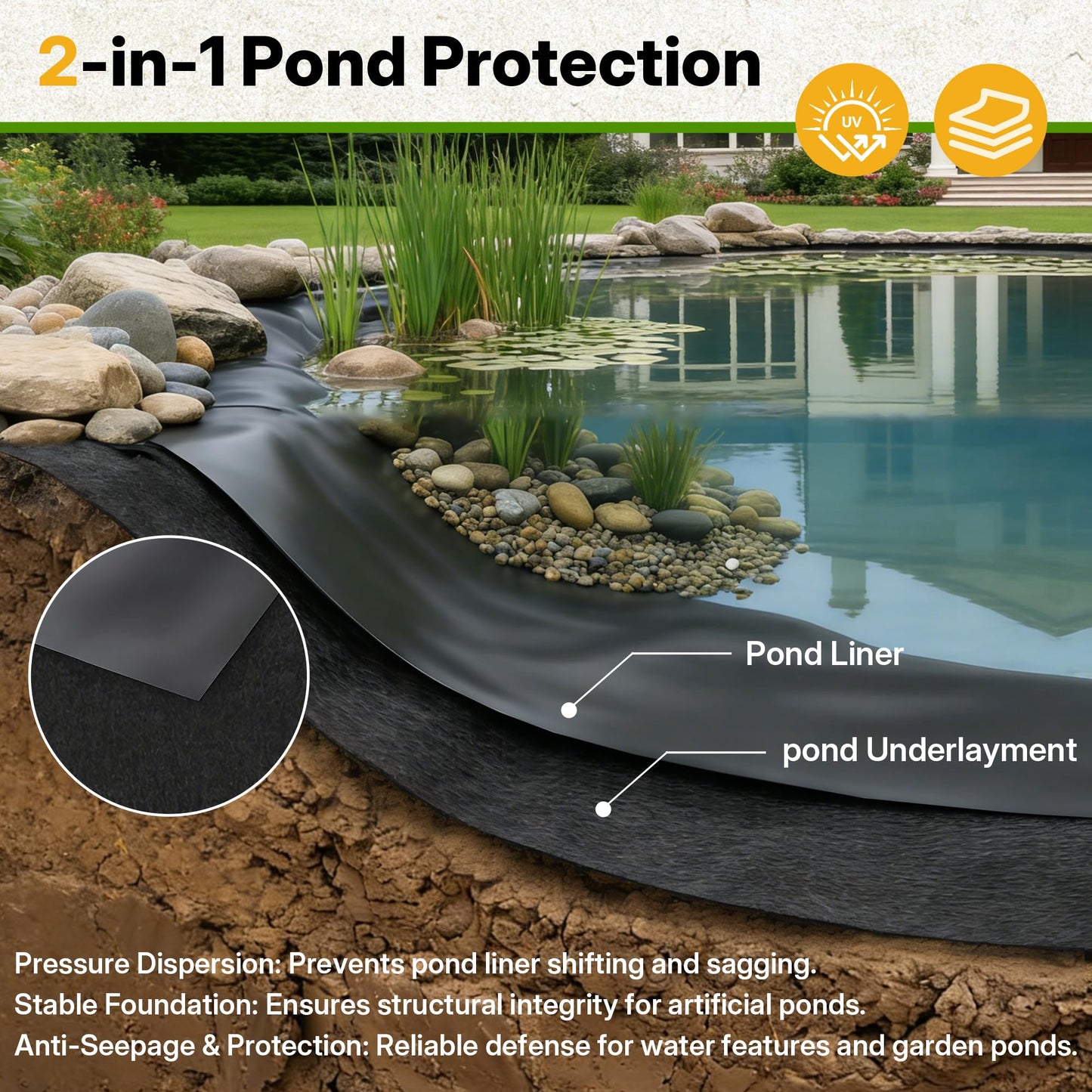 Chonway Heavy Duty Pond Liner Underlayment Combo - 10 X 15ft Non Woven Geotextile Fabric & 20 mil Pond Liners for Outdoor Ponds, Fish/Koi/Garden/Lifeguard Pond Liner