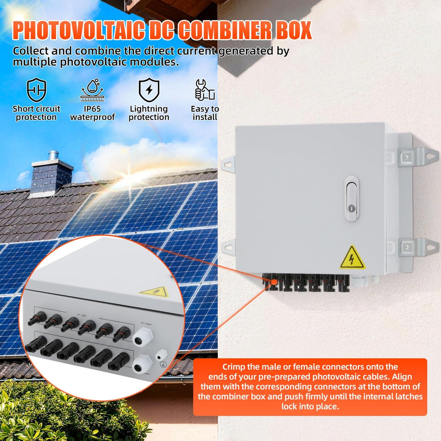 Doniks 6 String Metal Solar Combiner Box, IP65 Waterproof PV Combiner Box with 20A Rated Current Fuse, 63A Air Circuit Breaker,Lightning Arrester, Metal Box for On/Off Grid Solar Panel System