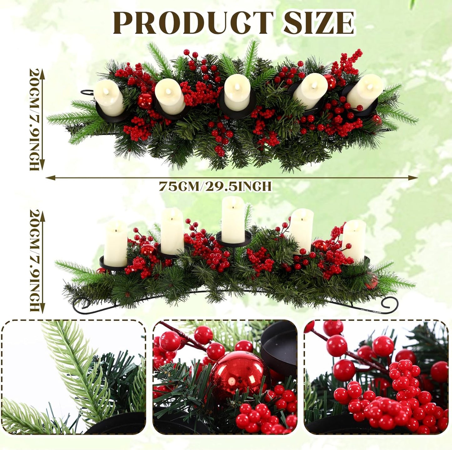 Yungyan Christmas Tabletop Centerpiece - 30 Inch with 5 Candle Holders, Norfolk Branch & Red Berries