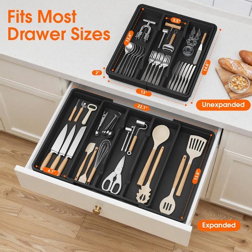 Large Silverware Organizer - Expandable Utensil Drawer Tray | BPA-Free Cutlery Holder in Black
