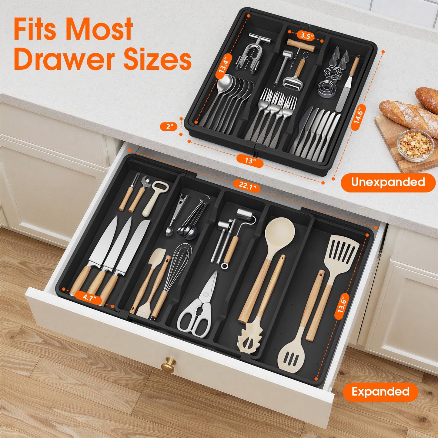StackHelper Large Silverware Organizer, Expandable Utensil Drawer Organizer for Kitchen Drawers, Kitchen Drawer Organizer for Spoons/Forks/Knives, Multipurpose & BPA Free Cutlery Tray, Black, 1 Pack