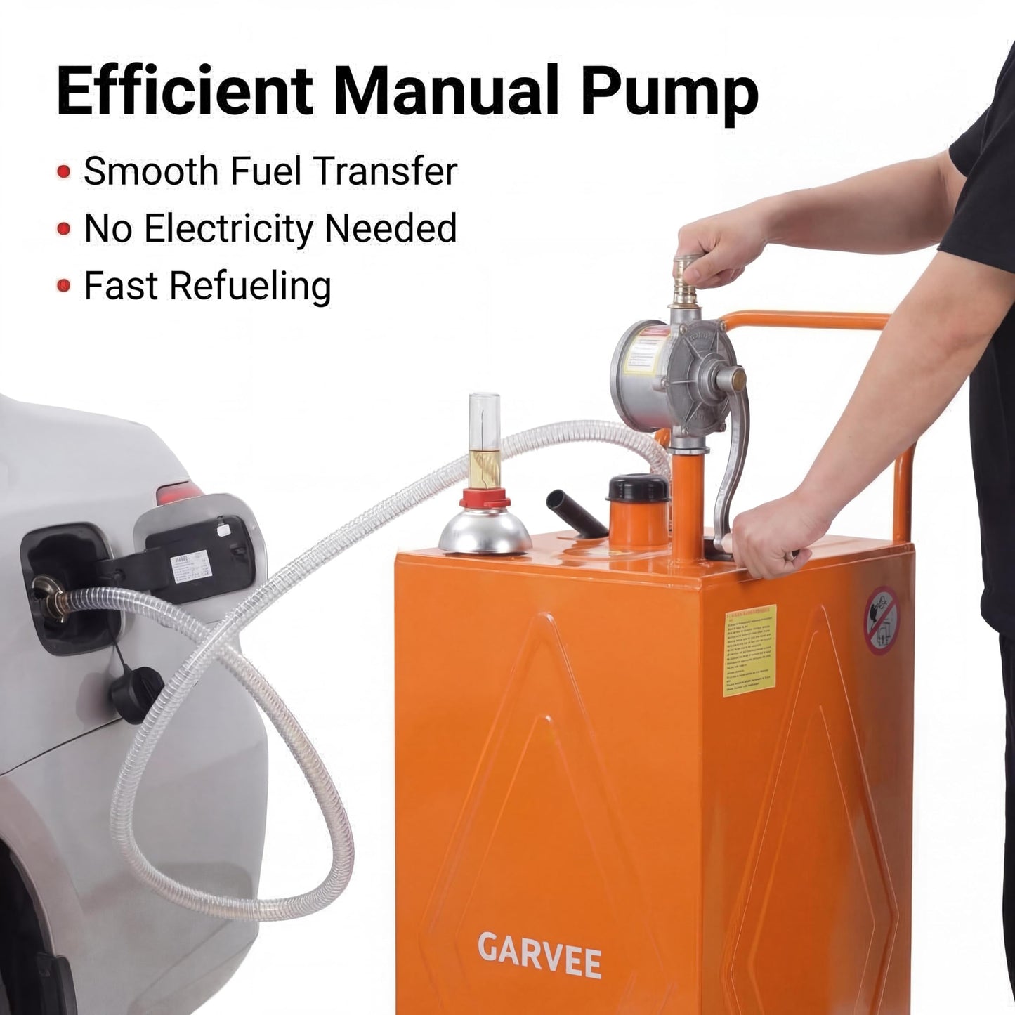 Garvee 35 Gallon Portable Fuel Caddy with Manual Rotary Pump, Heavy-Duty Steel Transfer Tank on 4 All-Terrain Wheels, Mobile Gas & Diesel Storage Container for Trucks, Boats, ATV, Lawn Mower - Orange