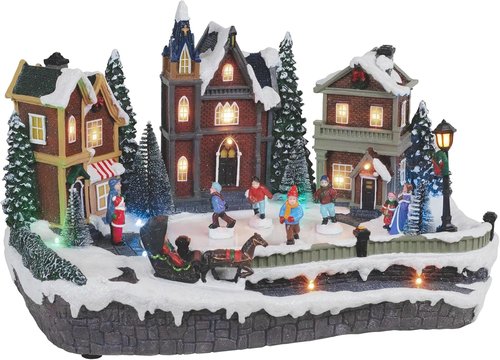 Large Animated Christmas Village - Lighted Musical Snow Scene with 4 Moving Skaters | Resin Decor