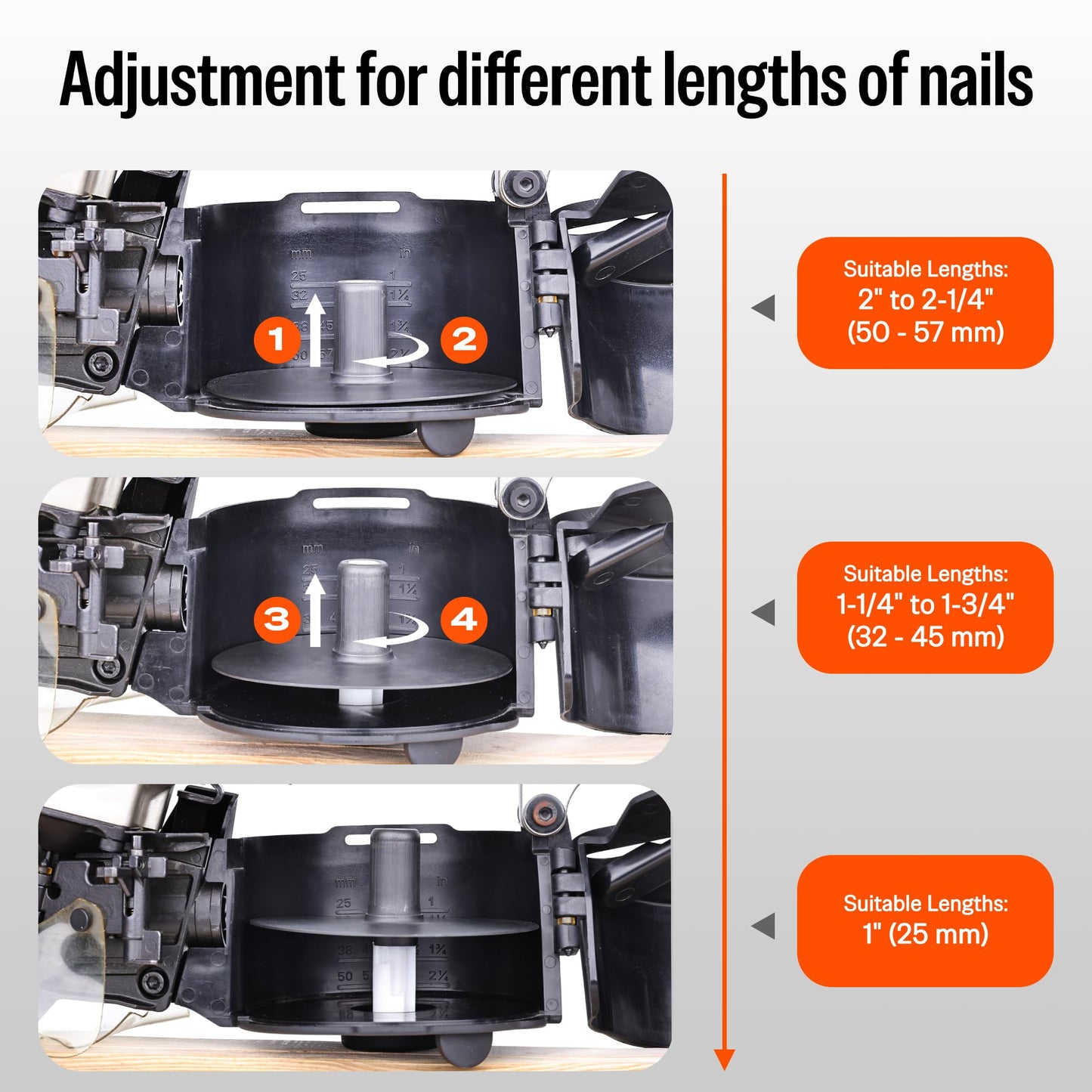 meite CN55 Pneumatic Coil Nailer with 15 Degree Siding Nails 2" × .099'' - Air Coil Nail Gun with 400PCS Magazine, 360° Adjustable Exhaust for Framing Sheathing Pallets Hardwood Projects