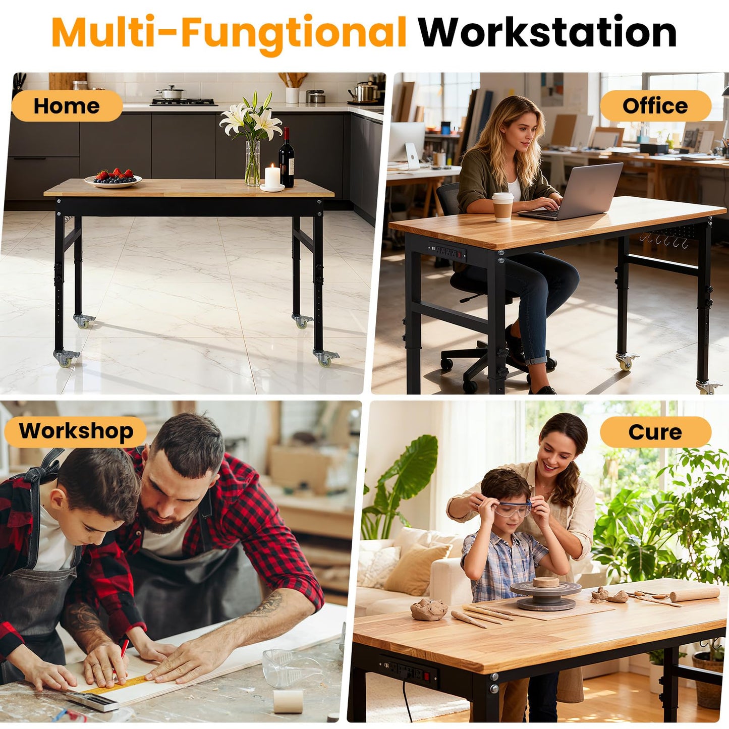 48" Adjustable Workbench with Power Outlet, 2000 Lbs Heavy Duty Work Table, 29.5"-39.4" Height Adjustable Workbench with Wheels & Pegboard, for Garage Office Workshop Home Commercial