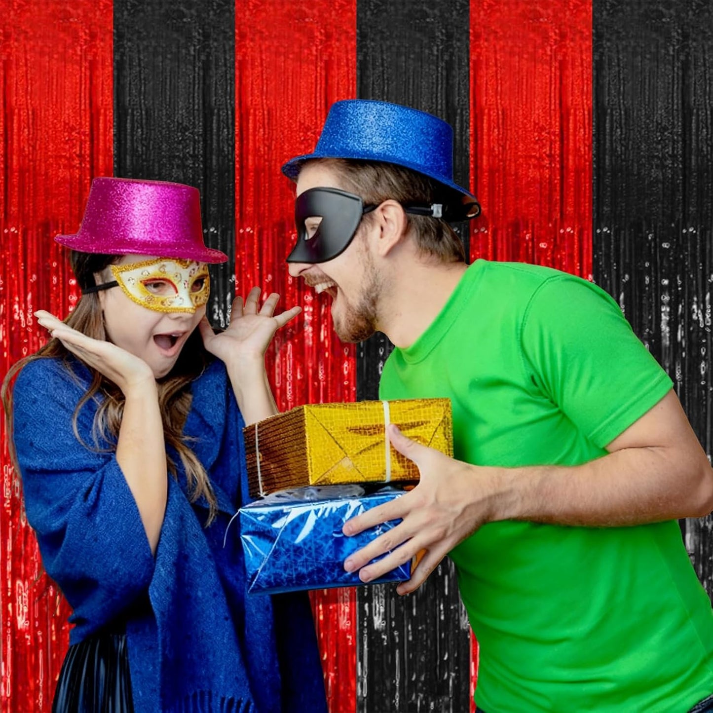 Skiennix 2-Pack Tinsel Curtain Backdrop - Black & Red Foil Fringe for Halloween & Birthday Parties