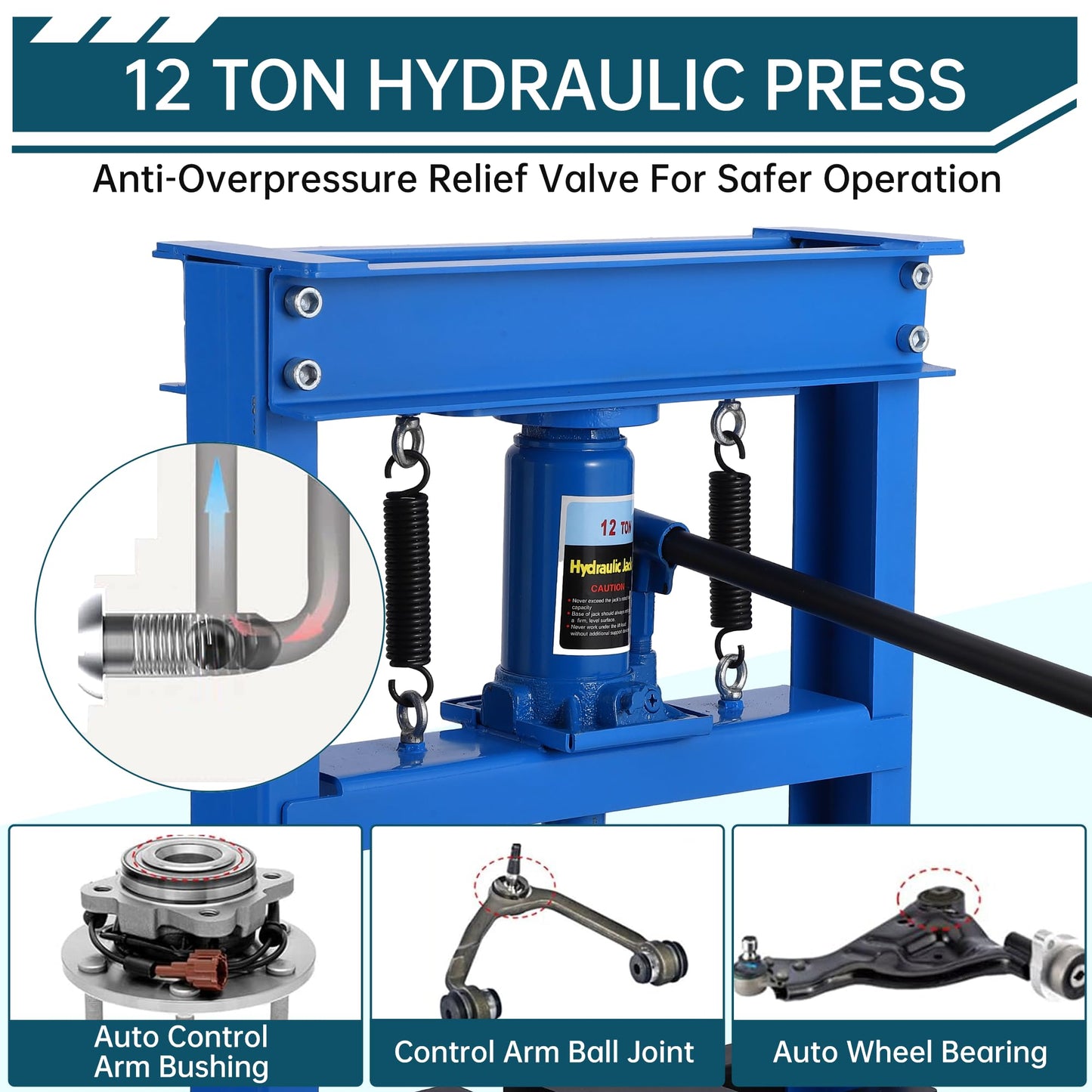 Garvee 12T Hydraulic Press, H-Frame Hydraulic Shop Press with 2 Press Plates, Heavy Duty Garage Floor Shop Press with Adjustable Work Table Height for U-Joints, Blue