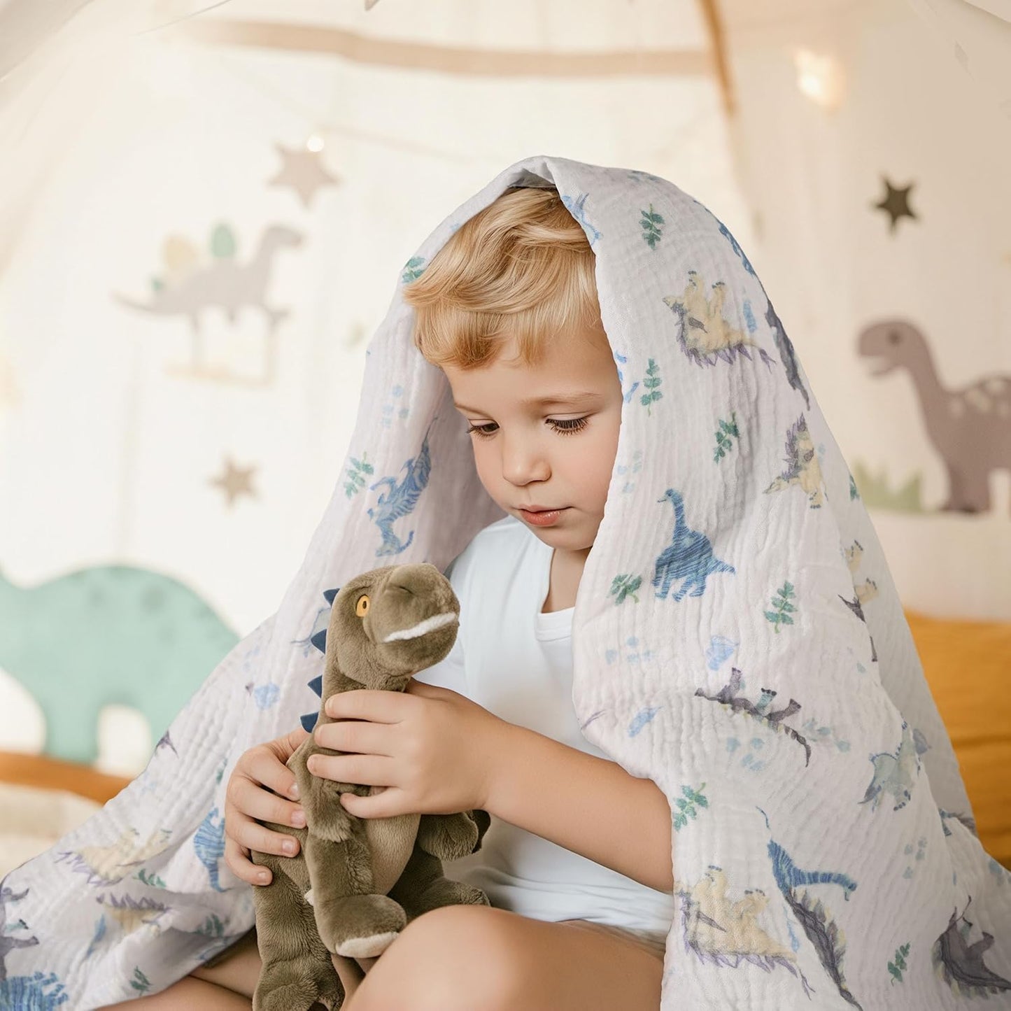 Skiennix Muslin Swaddle Blankets - Soft & Breathable 3-Pack for Newborns | Large 38 x 40 Inches (Blue Dinosaur)