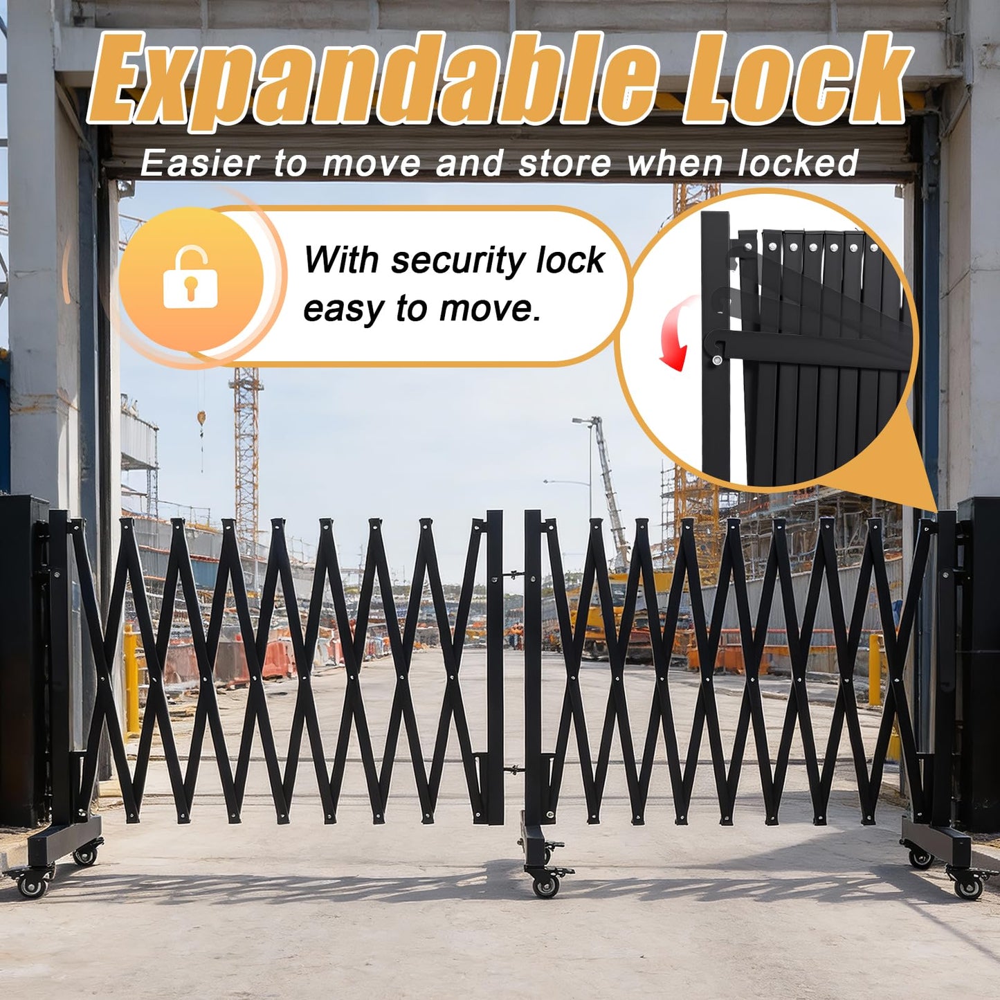 20.5FT Industrial Expandable Barricade, Retractable Metal Safety Gate with Wheels, Adjustable Traffic Fence for Construction Sites, Traffic Control, Warning Lines, Elevators, garages.