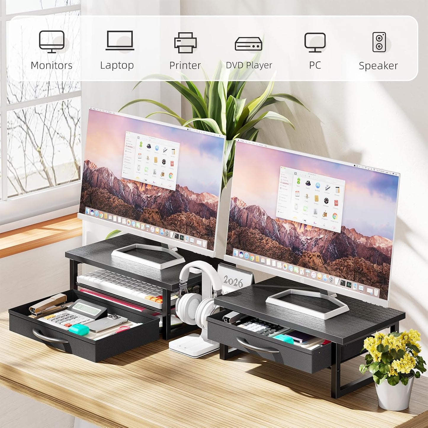 2-Tier Ekisemio Monitor Stand with Fabric Drawer Wood and Metal Computer Riser, Desk Organizer for Office, Black