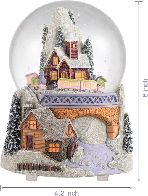 Castle Snowy House Snow Globe - Color Changing Lighting & Revolving Train | Winter Wonderland Decor