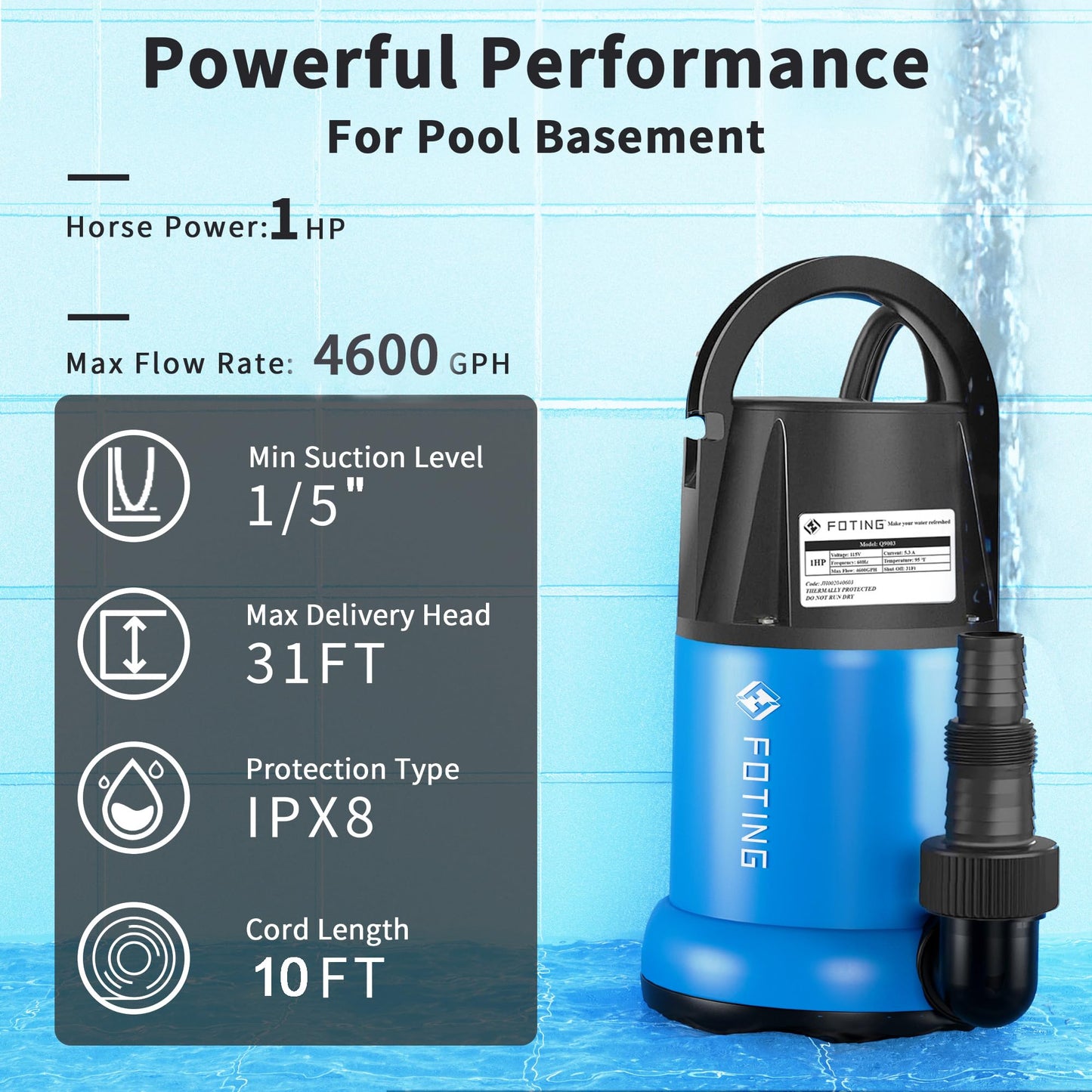 FOTING Sump Pump 1HP Clean/Dirty Submersible Water Pump,4600GPH Utility Pump Thermoplastic Electric Portable Transfer Water Pump for Swimming Pool Pond Basement with 10ft Power Cord,Manual
