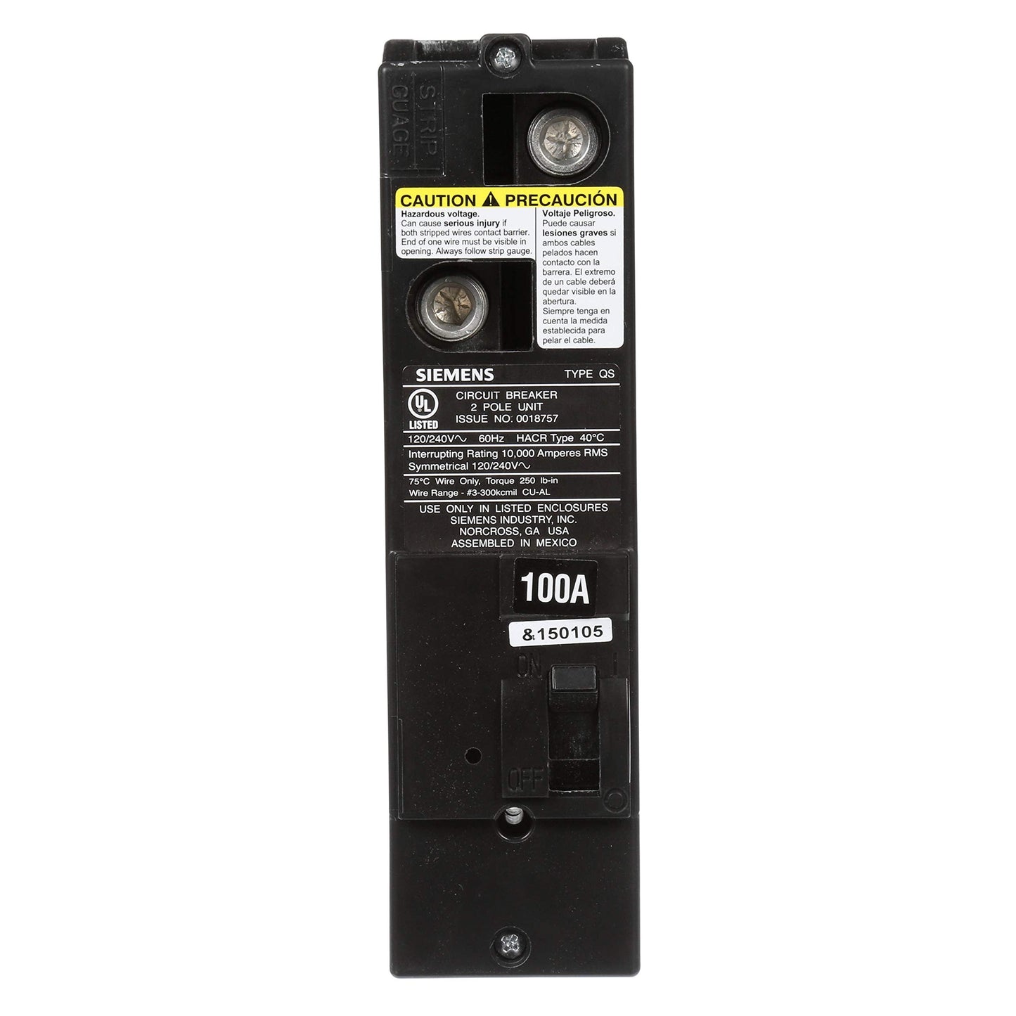 SIEMENS US2 QS2100 QS Type 100 Amp Multi-Family Main Breaker, 10 KAIC Rated, Black